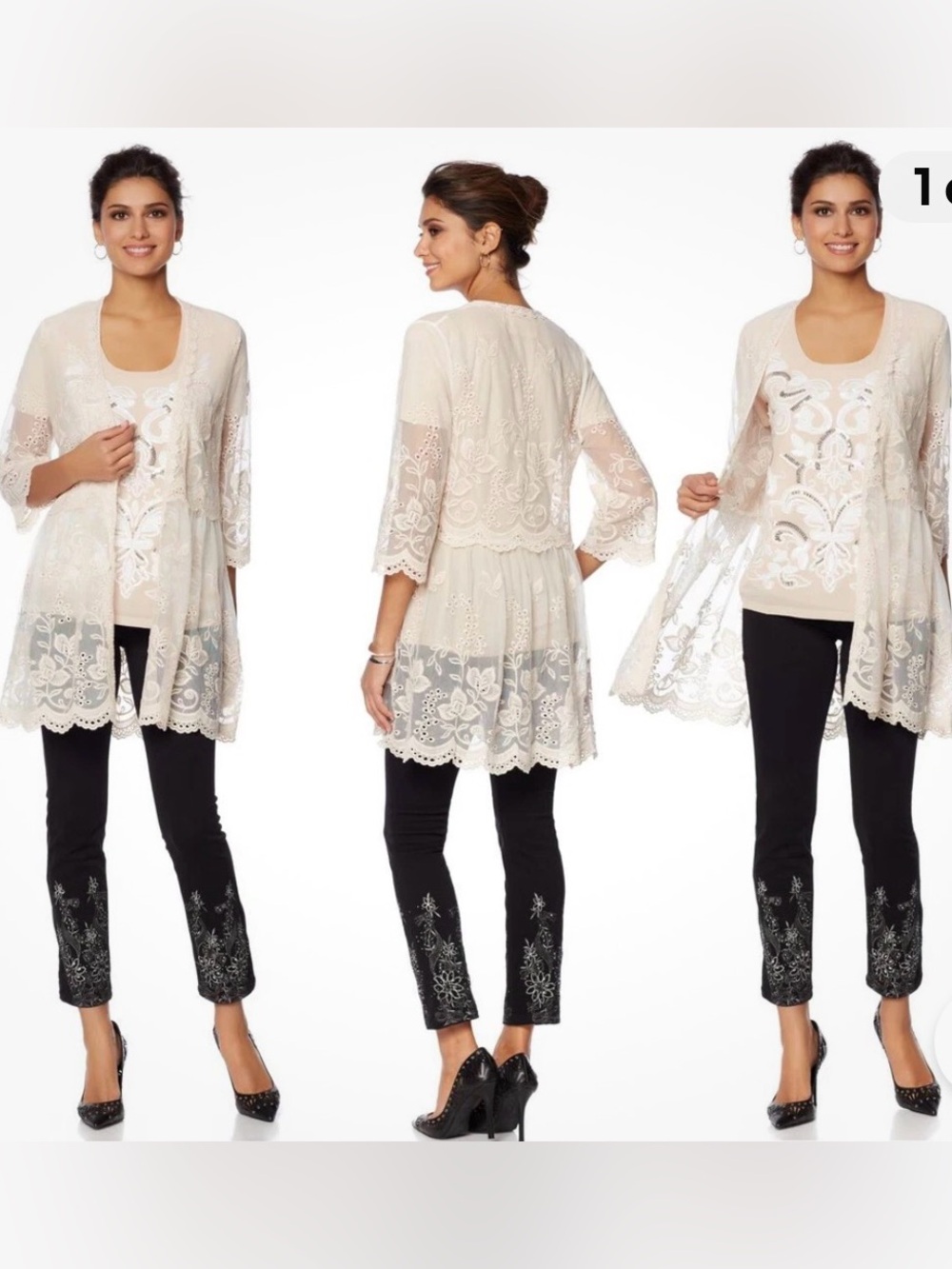 Hillary Scott LaBellum Delicate Embroidered Sheer Kimono Cardigan scalloped hem